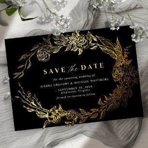 Elegante Schwarz-Gold-Blumen Moderne Save the Date Folieneinladung