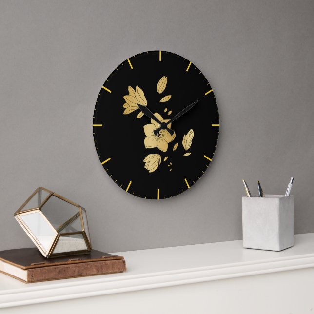 Elegante Schwarz-Gold-Blüte Große Wanduhr (Büro)