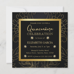 Elegante Schwarz-Gold Botanische Quinceanera Einladung