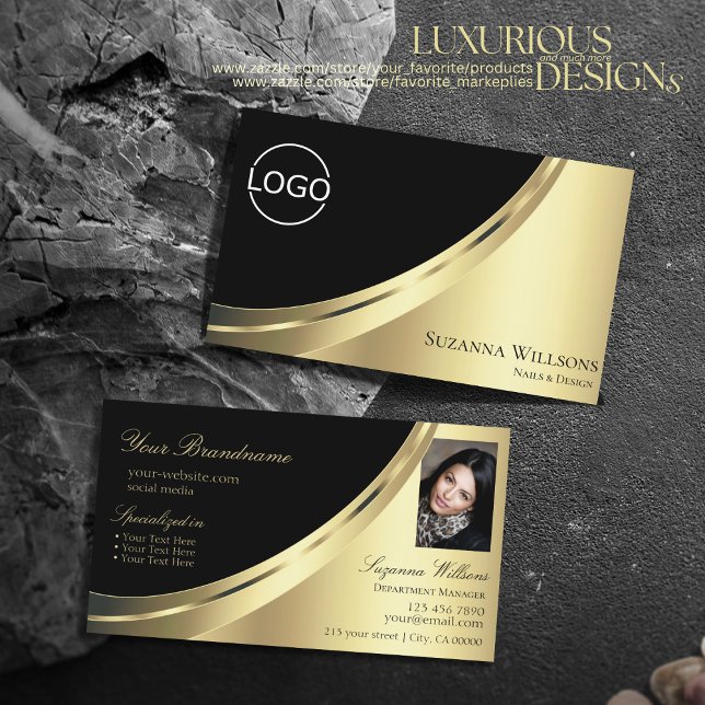 Elegante Schwarz-Gold-Dekoration mit Logo und Foto Visitenkarte (Von Creator hochgeladen)