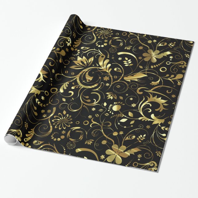 Elegante Schwarz-Gold-Flora-Damaskus Geschenkpapier (Ungerollt)