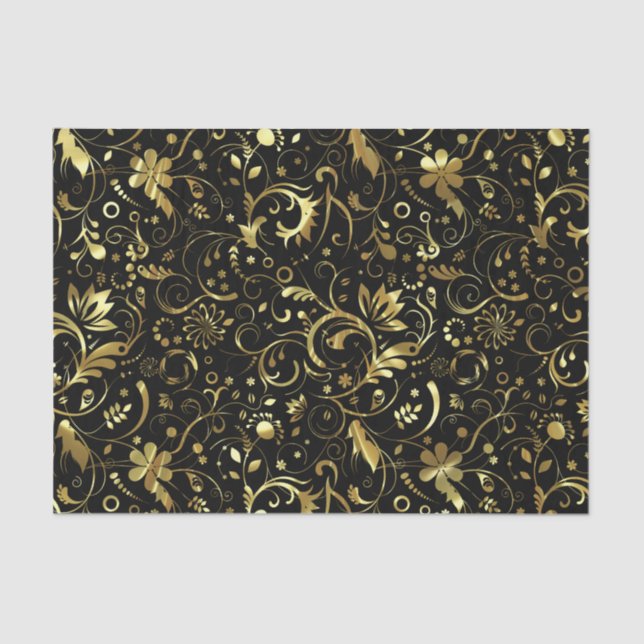 Elegante Schwarz-Gold-Flora-Damaskus Seidenpapier (Vorderseite)