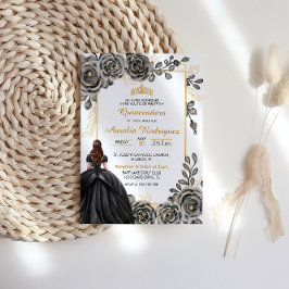 Elegante Schwarz-Gold-Floral Quinceanera Einladung