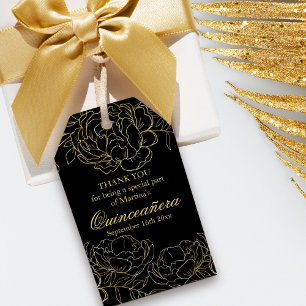 Elegante Schwarz-Gold-Floral Sketch Quinceanera Geschenkanhänger