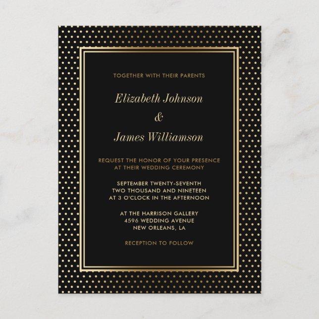 Elegante Schwarz & Gold Foil Polka Dot Wedding Einladungspostkarte (Vorderseite)