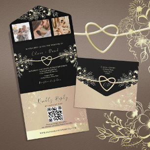 Elegante Schwarz-Gold-Foto-Hochzeitseinladung All In One Einladung