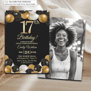 Elegante Schwarz-Gold-Glitter 17. Geburtstagsfoto Einladung