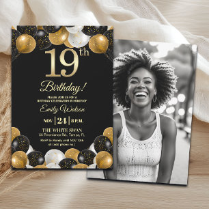 Elegante Schwarz-Gold-Glitter 19. Geburtstagsfoto Einladung