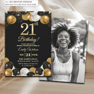 Elegante Schwarz-Gold-Glitter 21. Geburtstagsfoto Einladung