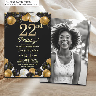 Elegante Schwarz-Gold-Glitter 22. Geburtstagsfoto Einladung