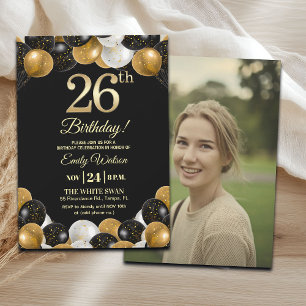 Elegante Schwarz-Gold-Glitter 26. Geburtstagsfoto Einladung