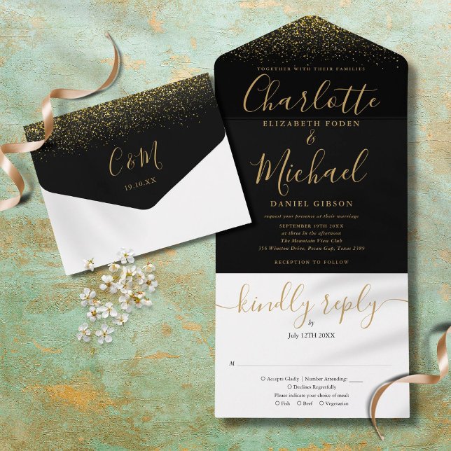 Elegante Schwarz-Gold-Glitzer-Script-Hochzeit All In One Einladung (Von Creator hochgeladen)