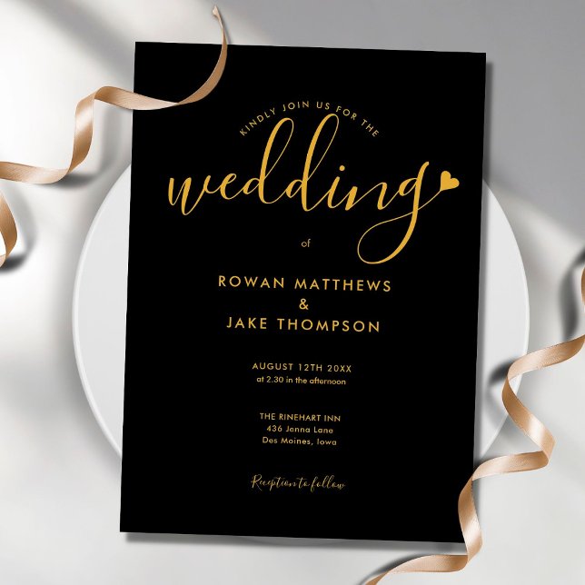 Elegante Schwarz-Gold-Herz-Script-Hochzeit Einladung (Von Creator hochgeladen)