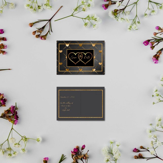 Elegante Schwarz-Gold-Herzen Save the Date Postkarte (Von Creator hochgeladen)