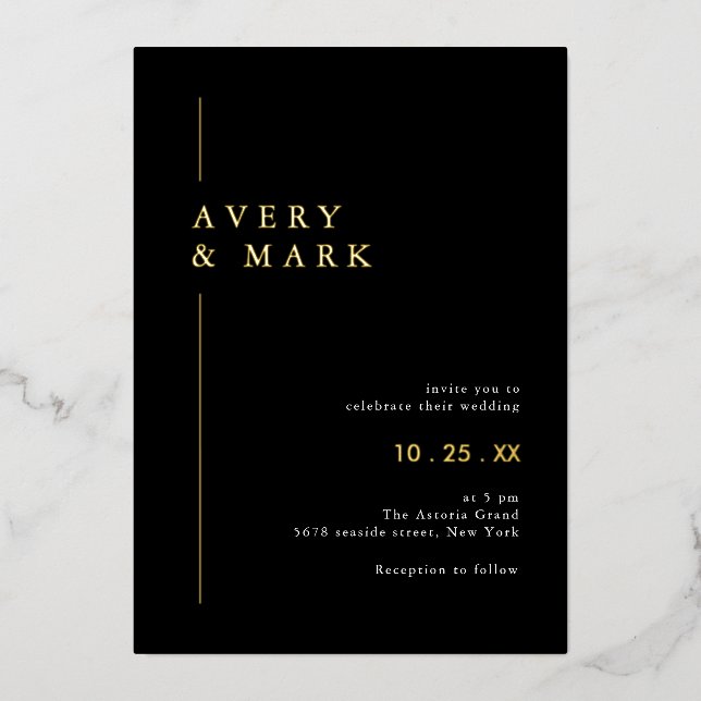 Elegante Schwarz-Gold-Hochzeit Folieneinladung (Vorderseite)