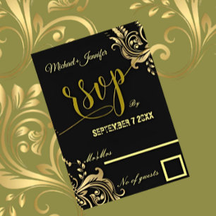 Elegante Schwarz-Gold-Hochzeit nach Maß RSVP Karte