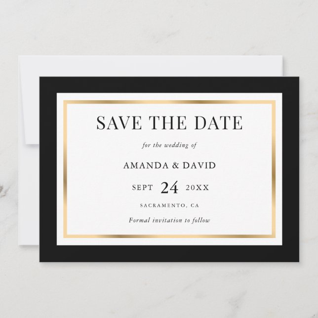 Elegante Schwarz-Gold-Hochzeit Save The Date (Vorderseite)