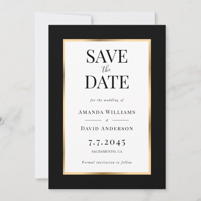 Elegante Schwarz-Gold-Hochzeit speichert die Datum Save The Date (Vorderseite)
