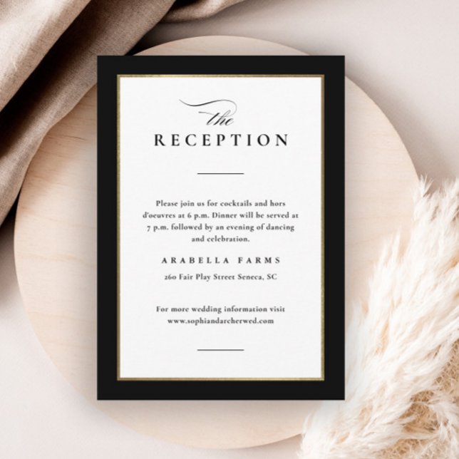 Elegante Schwarz-Gold-Hochzeitsempfehlung Begleitkarte (Elegant Black and White Wedding Invitation Reception Enclosure Card.)