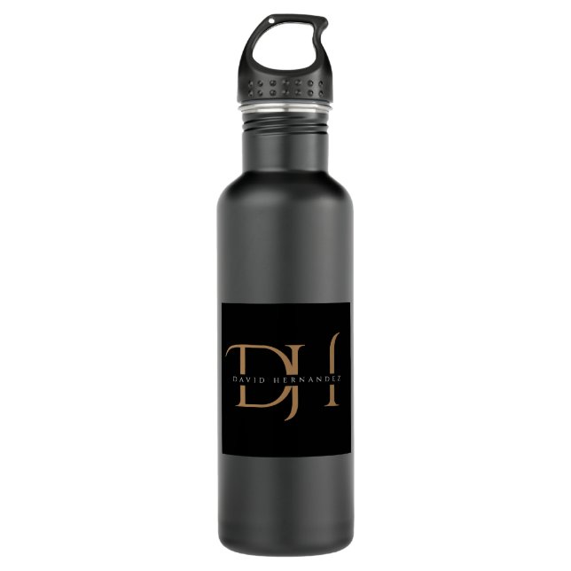 Elegante Schwarz-Gold-Initials Monogram modern Edelstahlflasche (Vorderseite)