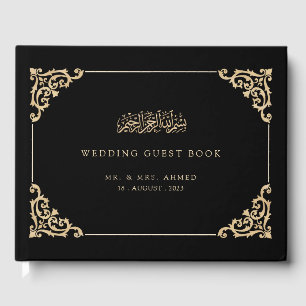 Elegante Schwarz-Gold-Islamische Hochzeit Gästebuch