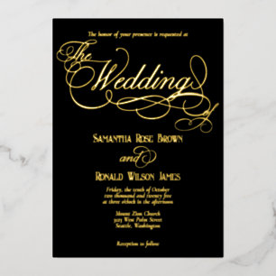 Elegante Schwarz-Gold-Kalligrafie-Hochzeit Folieneinladung