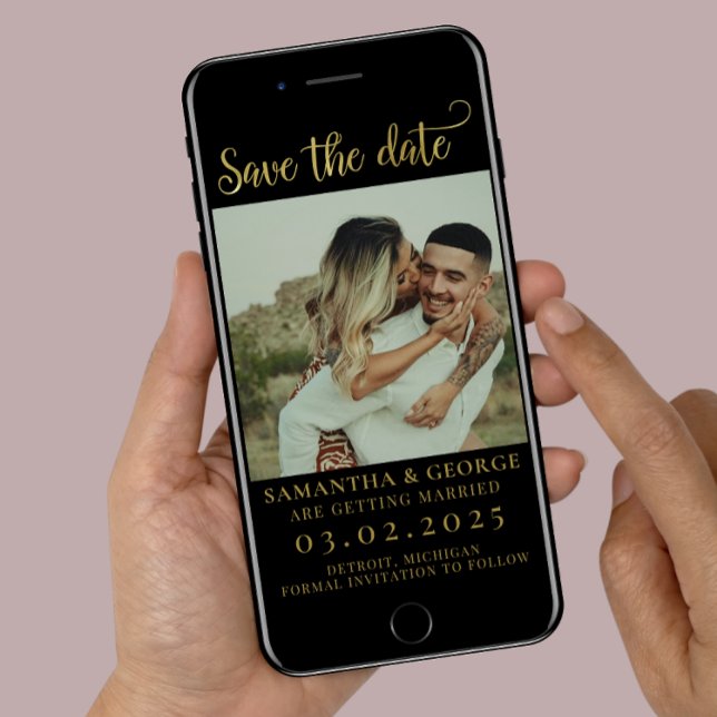 Elegante Schwarz-Gold-Kalligrafie Save the Date Einladung (Von Creator hochgeladen)