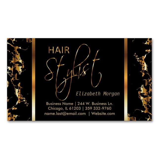 Elegante Schwarz-Gold-Marmor-Haarstylistin Magnetische Visitenkarte