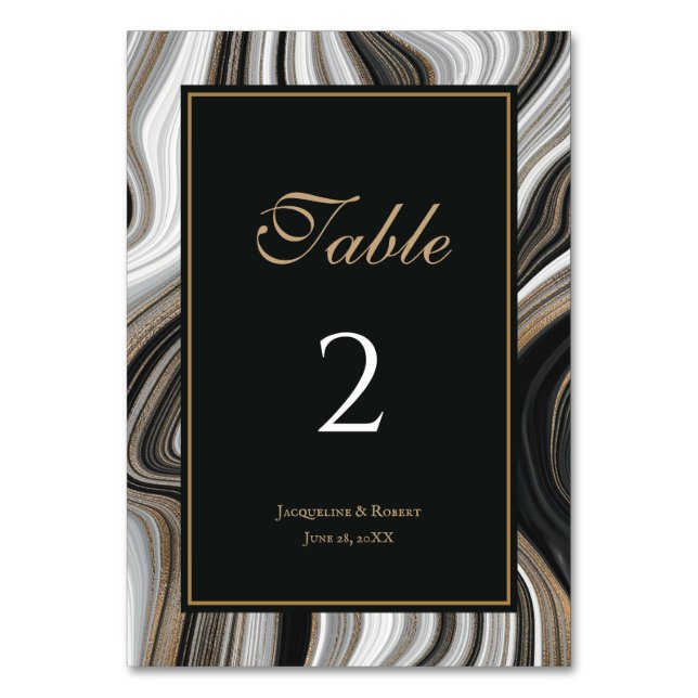 Elegante Schwarz-Gold-Marmor-Hochzeit Tischnummer (Vorderseite)