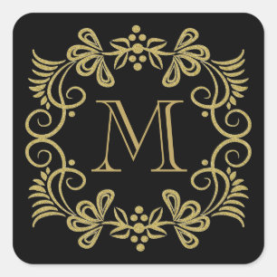 Elegante Schwarz-Gold-Monogramm-Aufkleber Quadratischer Aufkleber