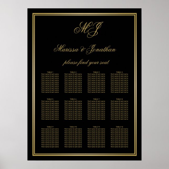 Elegante Schwarz-Gold-Monogramm-Rahmen Hochzeitssi Poster (Vorne)