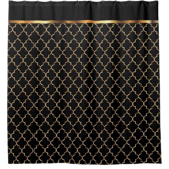 Elegante Schwarz-Gold-Quatrefolien-Muster Duschvorhang (Vorderseite)