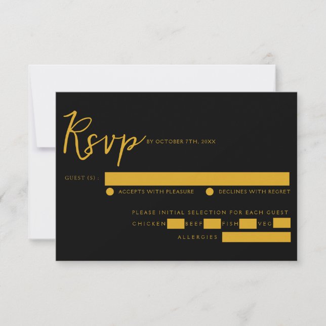 Elegante Schwarz-Gold-Script-Auswahl RSVP Karte (Vorderseite)