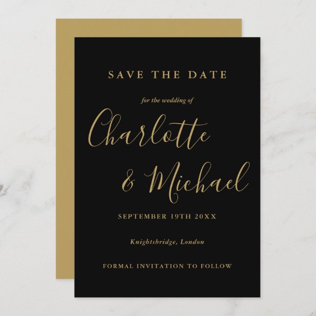 Elegante Schwarz-Gold-Script-Hochzeit Save The Date (Vorne/Hinten)