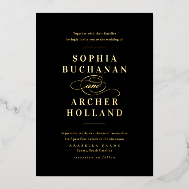 Elegante Schwarz-Gold-Script-Klassische Hochzeit Folieneinladung (Vorderseite)