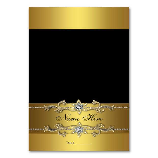 Elegante Schwarz-Gold-Sitzkarte Tischnummer (Vorderseite)