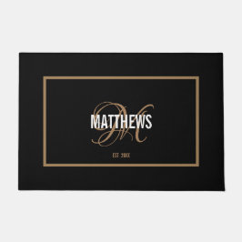 Elegante Schwarz-Gold-Skript Monogramm Name Hochze Fußmatte