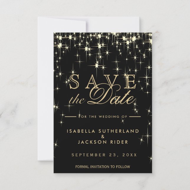 Elegante Schwarz-Gold-Starlights - Save the Date (Vorderseite)