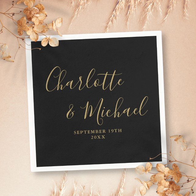 Elegante Schwarz-Gold-Unterschrift Serviette (Elegant Black And Gold Signature Wedding Napkins)