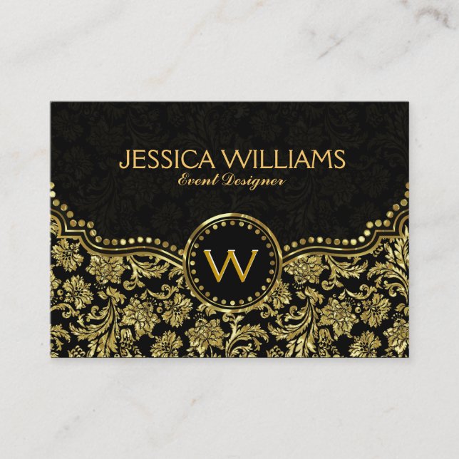 Elegante Schwarz/Gold Vintage Blütendörfchen Visitenkarte (Vorderseite)