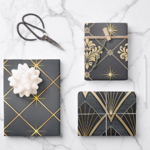 Elegante schwarz-goldene Art-Deco-Muster Geschenkpapier Set
