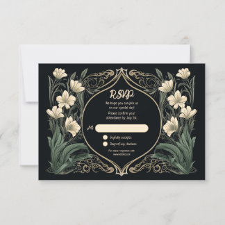 Elegante schwarz-goldene Art Nouveau Blumendekorat RSVP Karte