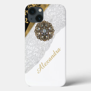 Elegante schwarz-goldgelbe weiße Spitze iPhone 13 Hülle