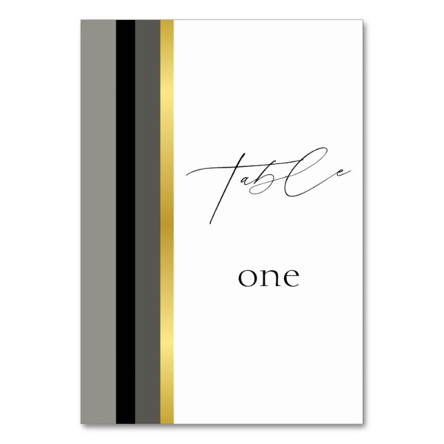 Elegante Schwarz-Grau-Streifen Typografie Hochzeit Tischnummer (Vorderseite)