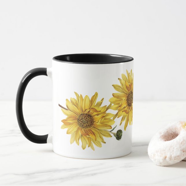 Elegante Schwarz-Holz-Körner und Sonnenblumen-Tass Tasse (Mit Donut)