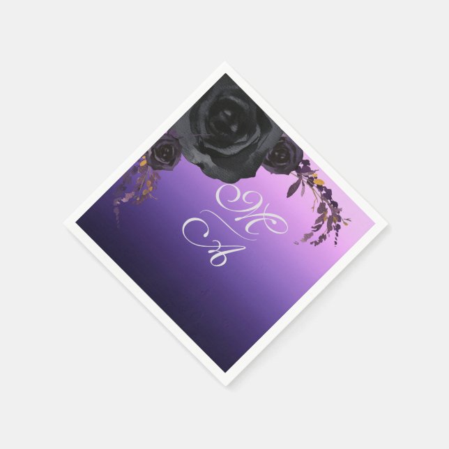 Elegante Schwarz-Lila-Flora-Monogramm-Hochzeit Serviette (Ecke)