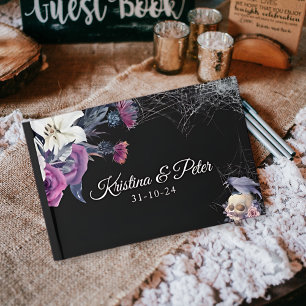 Elegante Schwarz Lila Gothic Bläserskulptur Hochze Gästebuch