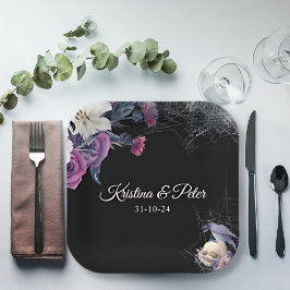 Elegante Schwarz Lila Gothic Bläserskulptur Hochze Pappteller