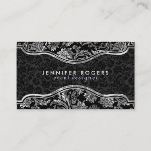 Elegante Schwarz/Metallisches Silber Vintage Damas Visitenkarte
