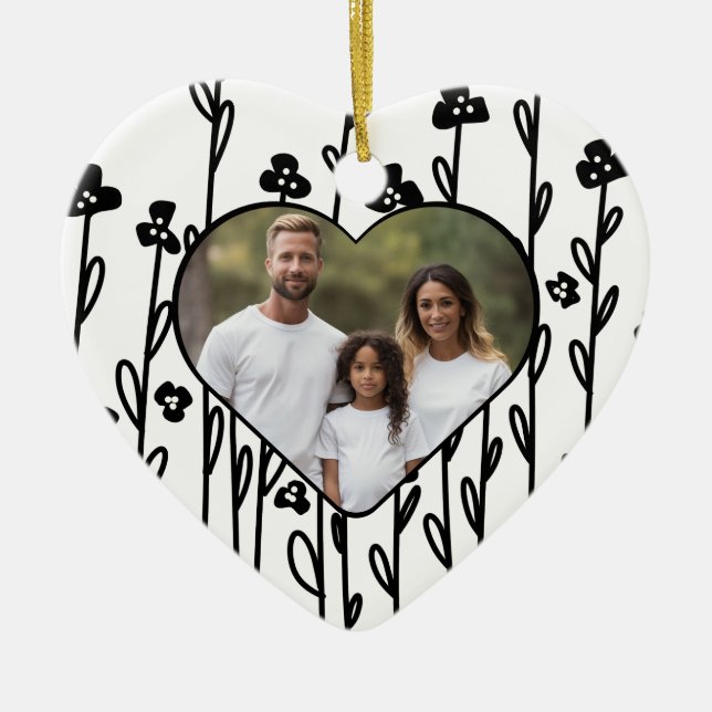 Elegante schwarz-minimalistische Doodle-Blüte Keramik Ornament (Vorne)